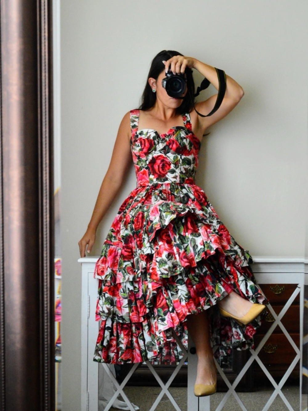 SOLD! D&G rose print floral cotton tiered bustier dress size 40 fits smaller!